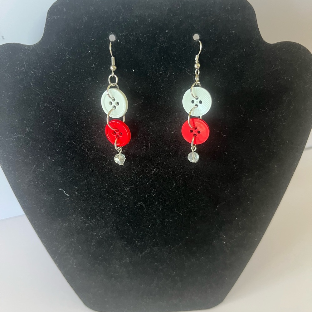 WI Badger Red & White Button Earrings with Clear Crystal Dangle